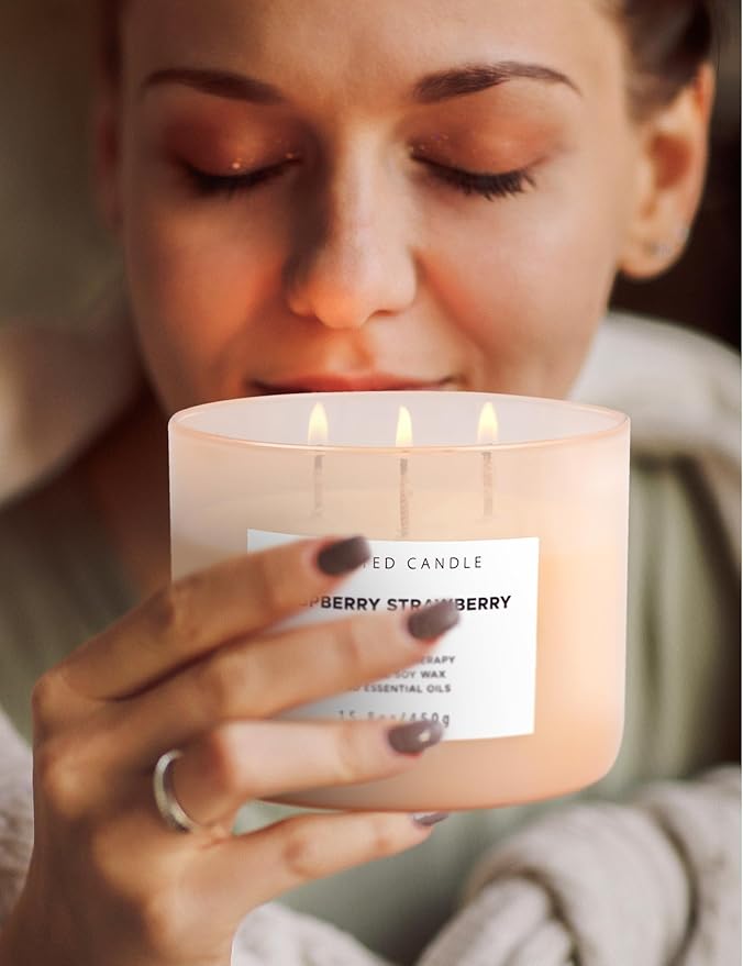 Raspberry Strawberry Vanilla 3 Wick Candle - Large 15.8 oz Soy Scented Candle, Strong Throw & Long Lasting - Fruity Berry Vanilla Candle - Aromatherapy Gift Candle for Home - Bloomnest