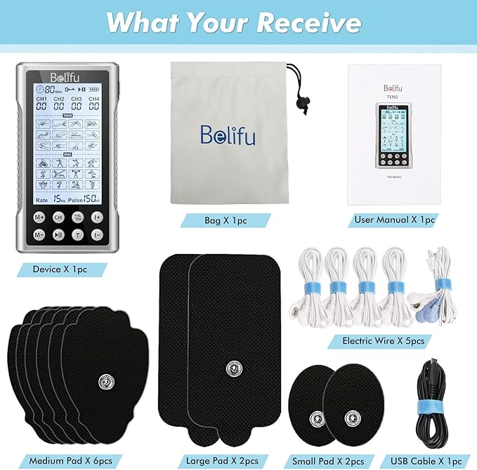 Belifu 4 Channel TENS EMS Unit – 24 Massage Modes & 30 Intensity Levels, Rechargeable Electric Pulse Muscle Stimulator with 10 Pads & 5 Lead Wires for Pain Relief & Therapy, Color Silver Belifu