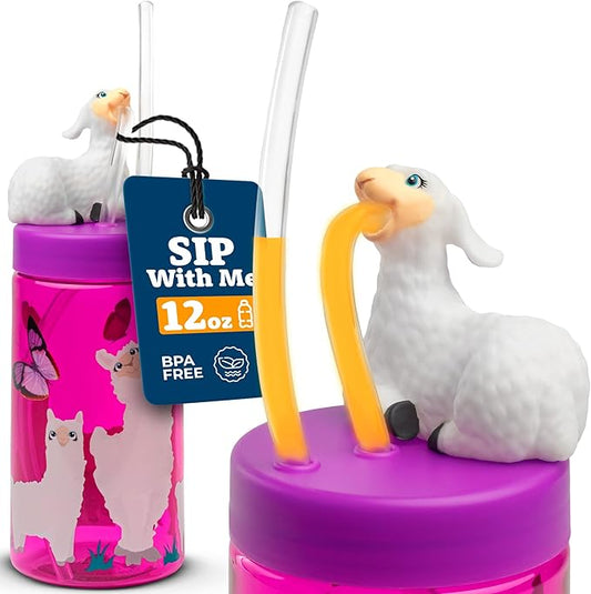 Kids Water Bottle, Toddler Cups, Tumbler with Lid and Straw, Travel Sippy Cup for Water or Milk, Kids Cups with Lids for Toddlers 3 and Up, BPA Free Plastic, 12 oz (Trend Zoo Llama) - Bloomnest