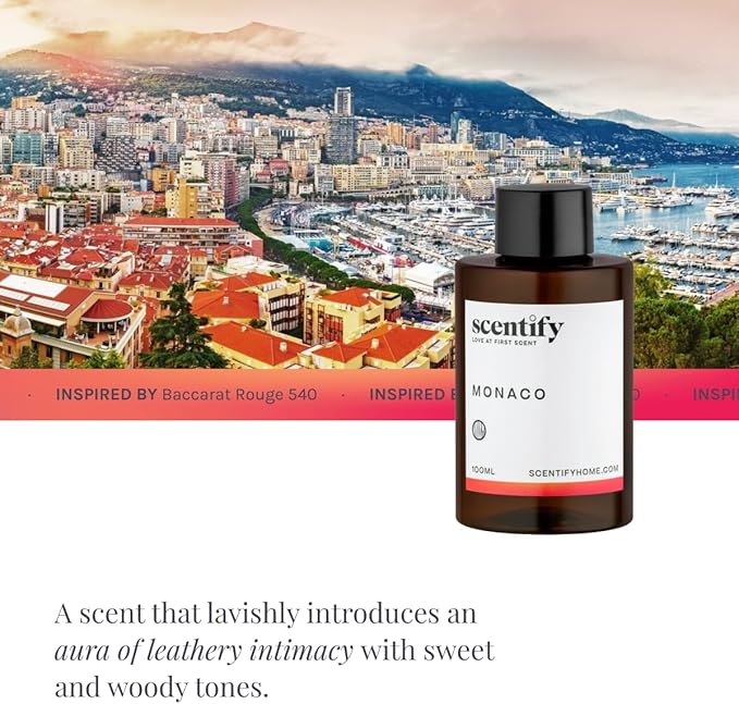 Scentify Monaco Aroma Oil Refill Scent for Oil Diffusers - Saffron, Jasmine, Amber, Cedar Scents - Luxurious Relaxing Aromatherapy Diffuser Fragrance 100ml, 3.38 oz Scentify