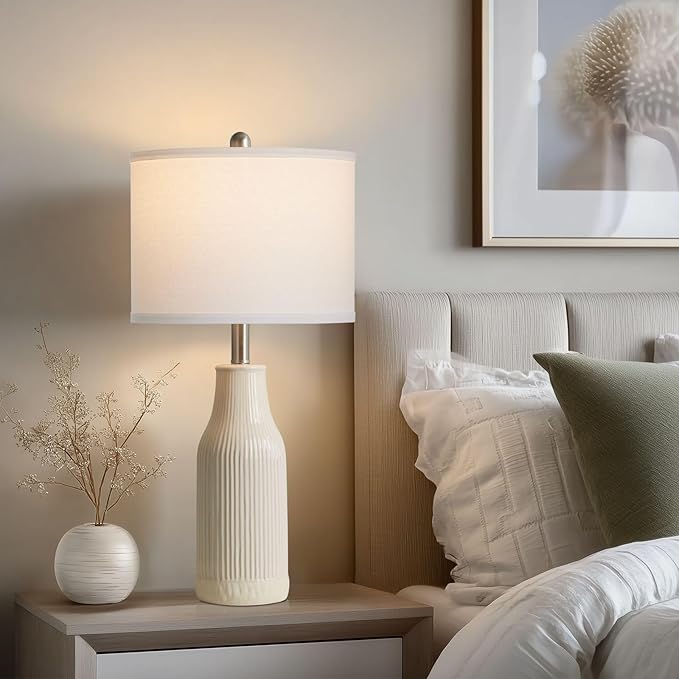 24.5" Ceramic Table Lamps Set of 2, Modern Farmhouse Bedside Lamps for Bedroom Nightstand, Small Table Lamp for Living Room End Table, Beige (2 LED Bulbs Included) - Bloomnest