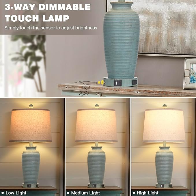 25" Farmhouse Jar Table Lamps Set of 2, 3 Way Touch Control Rustic Bedside Lamps with USB A+C Ports & AC Outlet, Pot Nightstand Lamps for Bedroom Living Room (LED Bulbs Included) - Bloomnest