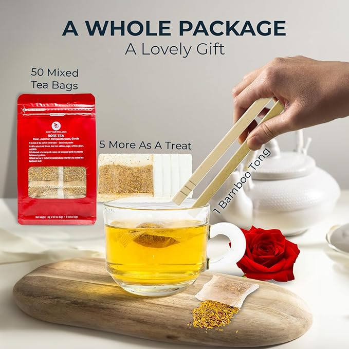 Rose Tea, Re-Steep Chrysanthemum, Jasmine & Stevia Herbal Tea - 55 Count (+5 Tea Bags) Bamboo Tong Included - 4.37 oz, Relax,Support, Up Mood, Appearance Detox - Bloomnest