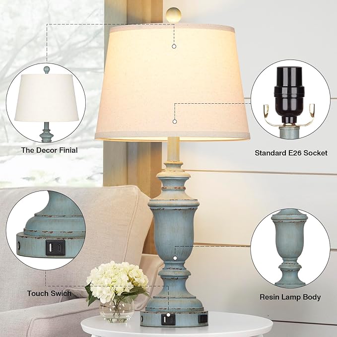 25.6" Coastal Table Lamps Set of 2 with USB C+A Ports & AC Outlet for Rustic Living Room Retro Bedroom,3-Way Dimmable Touch Lamp Bedside Lamps for Nightstand Side End Table,Retro Blue - Bloomnest