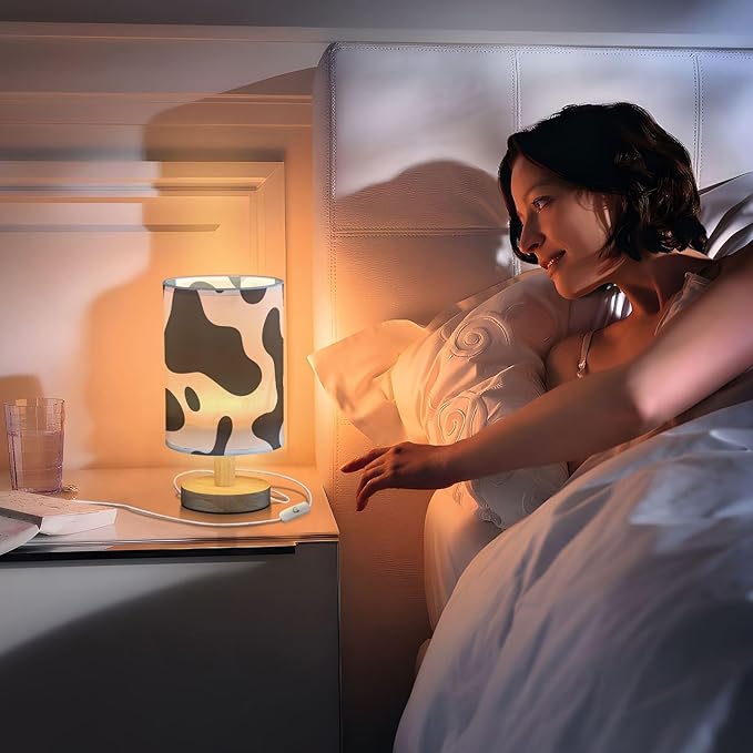 Bedside Lamp Black White Cow Print Table Lamp with USB Port Wood Base for Living Room,Bedroom,Nightstand,Office 202a3295 - Bloomnest