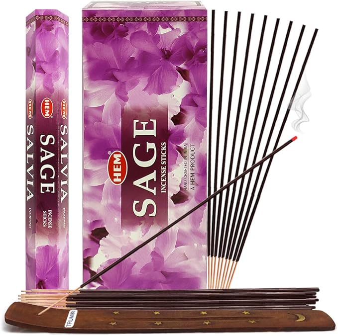 TRUMIRI Sage Incense Sticks & Holder Bundle: 120 Sticks (6 Packets of 20), 1 Holder TRUMIRI