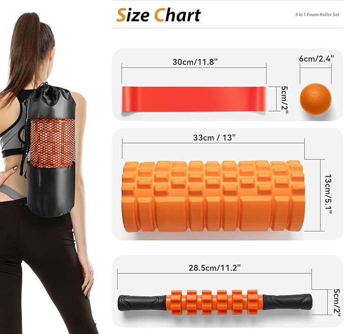 5 in 1 Foam Roller Set for Deep Tissue Muscle Massage, Trigger Point Fitness Exercise Foam Roller, Massage Roller, Massage Ball, Stretching Strap, for Whole Body(Orange-Black) - Bloomnest