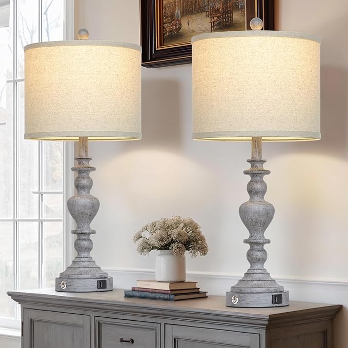 27" Tall Table Lamps for Living Room, 3-Way Dimmable Touch Control Farmhouse Vintage Table Lamps Set of 2 with USB C+A Ports and AC Outlets, Rustic Bedside Nightstand Lamp for Bedrooms Office Grey - Bloomnest