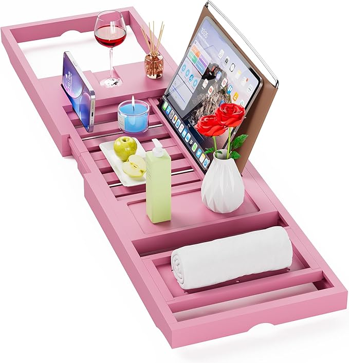 Yirilan Foldable Bathtub Caddy, Expandable Bath Caddy Tray, Unique House Warming Gifts, New Home, Anniversary and Wedding Gifts for Couple, Pink - Bloomnest