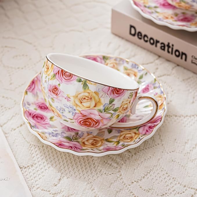 Tea Cup and Saucers, 6.4oz floral ceramic tea cups, Coffee Cappuccino Espresso Latte Mugs for Party Birthday,Christmas Gift (Pink and yellow roses) - Bloomnest