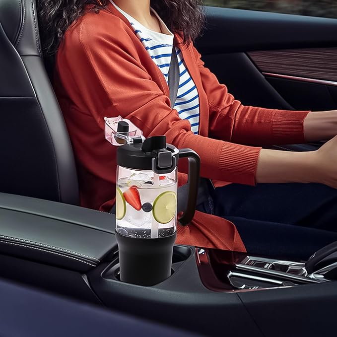 32 oz Glass Tumbler with Handle, 2-in-1 Straw and Sip Spout, Leakproof, BPA-Free Glass Water Bottle for Sports, Office, School, Black - Bloomnest