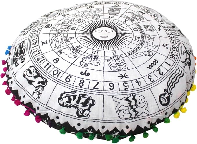 CRAFT KALA 22" Bohemian Floor Pillow Pouf Cover Mandala Boho Large Round Meditation Room Pillow Covers for Adults Seating Poufs Cushion Cover for Kids Playroom Black Zodiac - Bloomnest