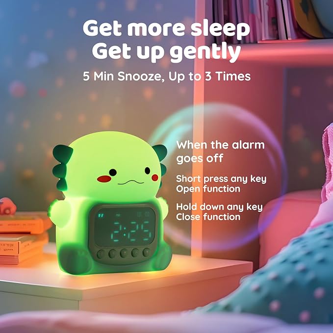Axolotl Alarm Clock with Night Light for Kids, Rechargeable Silicone Lamp Time to Wake Clock Cute Animal Tabletop Lamp, Perfect Sleep Companion for Boys Girls, Green - Bloomnest