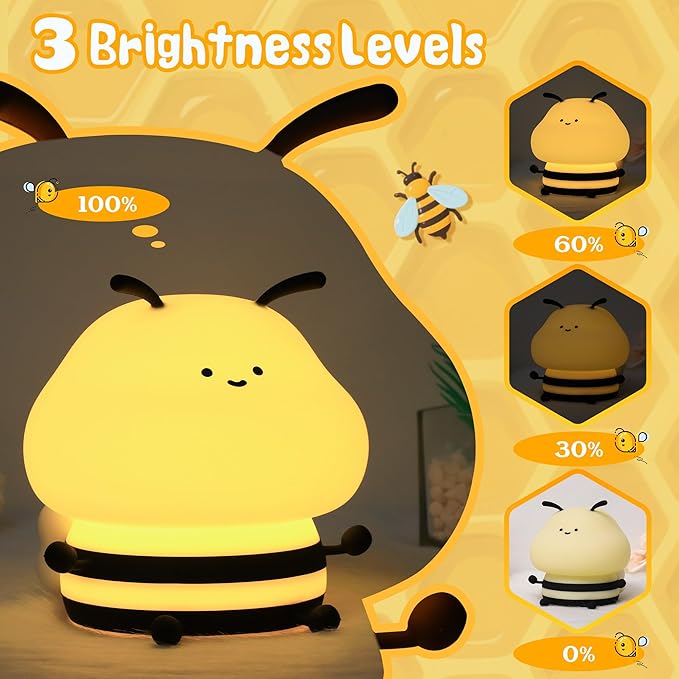 Attivolife Bee Night Light, Cute Bumble Bee Gift for Kid, Animal Silicone Nursery Lamp with 8 Color Light & Dimming & Timer, Rechargeable Bedroom Classroom Decor Birthday Xmas Gift for Girl Boy - Bloomnest