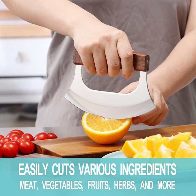 Ulu Knife - Sharp Rocker Mezzaluna Knife with Stand for Cutter Pizza, Meat, Vegetables, Herb, Salad, Stainless Steel Blade, Walnut Wood Handle, Kitchen Essentials Accessories and Gadgets Tools - Bloomnest