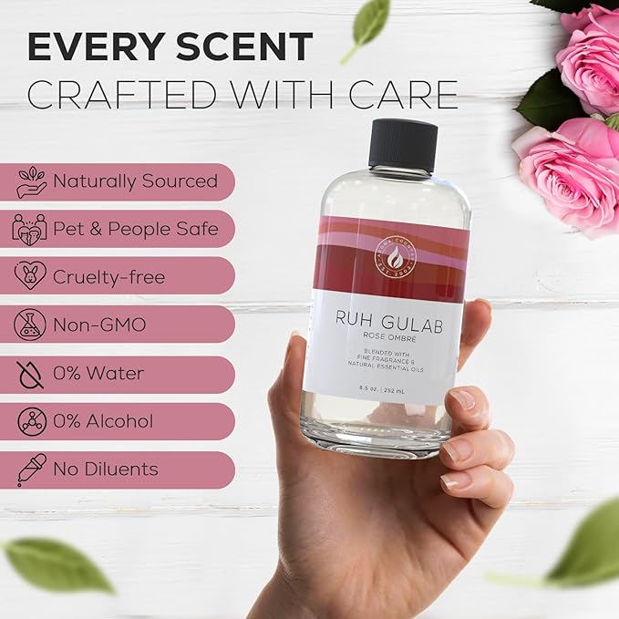 Aroma Country Ruh Gulab Diffuser Oil - Luxury Essential Oils for Diffuser Refill & Air Freshener Room Spray - Long-Lasting & Natural Home Fragrance, Damask Rose Scented Oil for Diffusers (8.5 Fl. oz) AromaCountry