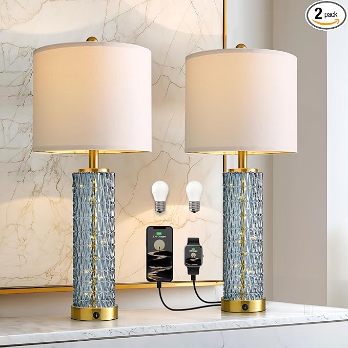 Oneach 27.75” Table Lamps Set of 2, Blue Modern Bedside Lamp with LED Night Light, USB A+C, Glass Lamps for Living Room, Bedroom, Nightstand, Office, End Table (2 Bulbs Included) - Bloomnest
