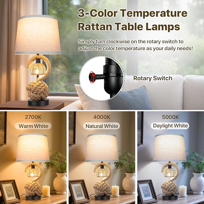 22" Rope Lamps for Night Stands, Dual-Lights Bedside Lamps Set of 2, Boho Table Lamps for Living Room, 3-Color Temperatures Boho Lamp with Rotary Switch, Rattan Lamp with USB Ports, 4 Bulbs Included - Bloomnest