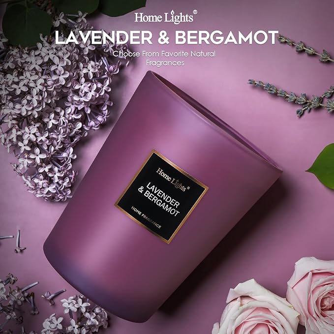 HomeLights Highly Scented Soy Candles Big 33.3 oz for Home. 3 Cotton Wicks, Smokeless Long Lasting 130 hrs in Lavender & Bergamot. 5x6, Great Gift for Women & Men - Bloomnest