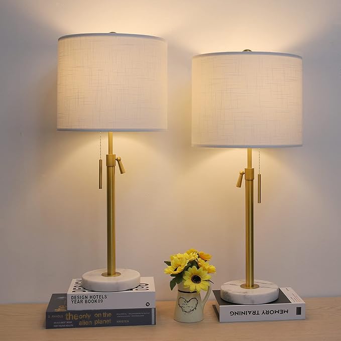 Gold Table Lamp Set of 2, 22-30" Height Adjustable Modern Nightstand Lamps with Marble Base and Pull Chain Switch for Living Room Bedroom, Office, Bedside Table, Farmhouse - Bloomnest
