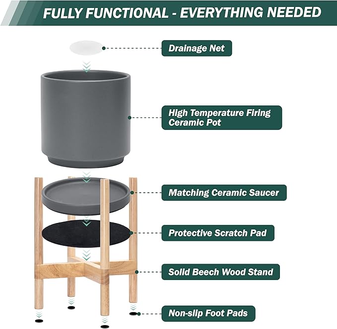 D'vine Dev Ceramic Planter with Natural Stand - 12 Inch Modern Round Flower Pot with Wood Planter Holder, Grey, 55-B-J-3 - Bloomnest