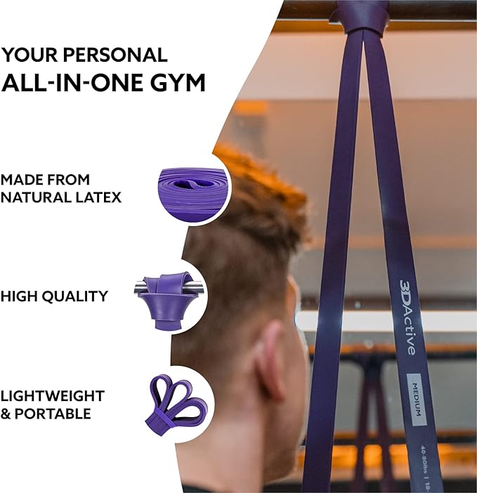 3DActive Pull Up Assist Band - Resistance Band for Strength Training, Powerlifting, Body Stretching, Crossfit - Exercise Guide Included.