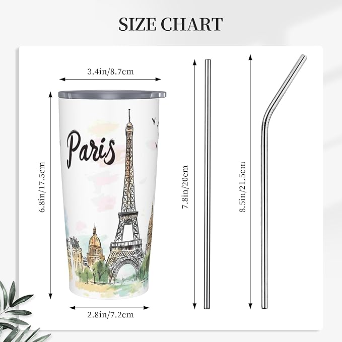 Paris Eiffel Tower Tumbler with Lid and Straw 20 oz Stainless Steel Cup Insulated Tumbler Coffee Mug for Home Office or Car Christmas Birthday Gifts - Bloomnest