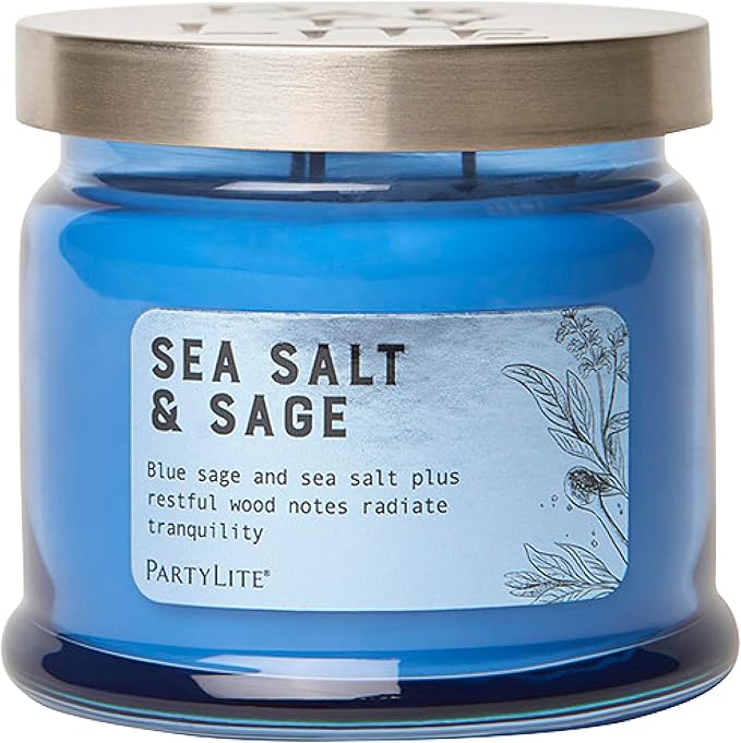 PartyLite Sea Salt & Sage Scented, Notes of Salted Air, Sea-Soaked Sage, Driftwood, Coconut and Sandalwood, 13.2oz 3-Wick Jar Candle, 45 Hour Burn Time, Luxurious Fragrance, Perfect for Gifting - Bloomnest