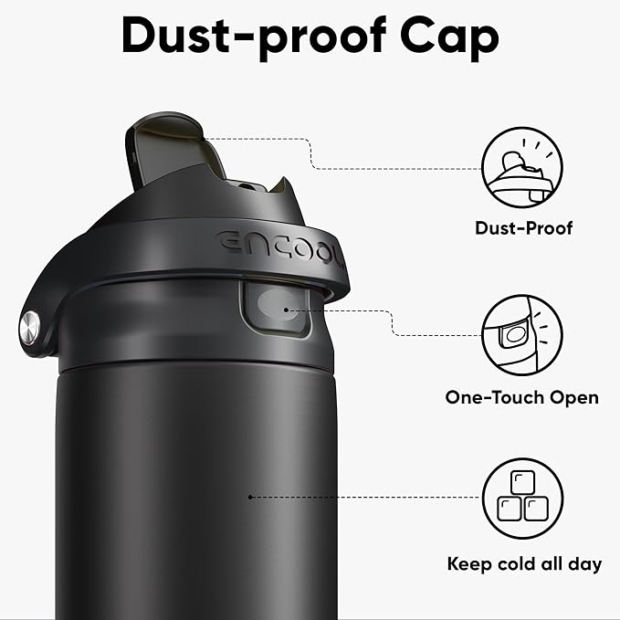 ENCOOL Leakproof Insulated Water Bottle with Straw Dual-Sip Water Bottle Bag-Safe Design for Work, Commute & Gym – Keeps Drinks Cold All Day, 32 oz, Jet Black ENCOOL