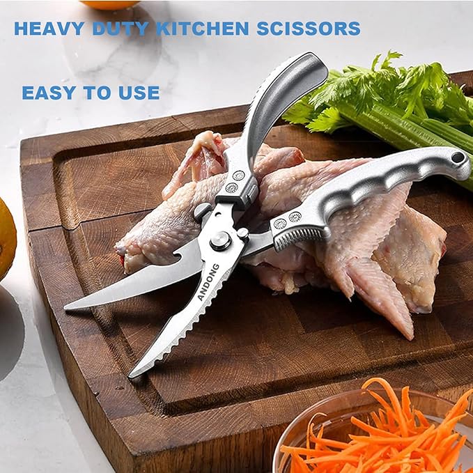 ANDONG Heavy Duty Professional Poultry Shears -Stainless Steel Kitchen & Meat Scissors with Leather Sheath, Dishwasher Safe Spring Loaded Utility Shears for Cooking, Butchering, Cutting - Bloomnest