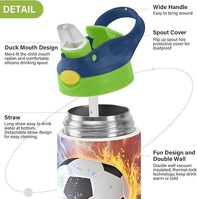 Soccer Fire Electric Spark Kids Water Bottle with Straw Lid Insulated Tumbler with Handle Stainless Steel Reusable Toddlers Cup for Kids Boys 12 oz - Bloomnest
