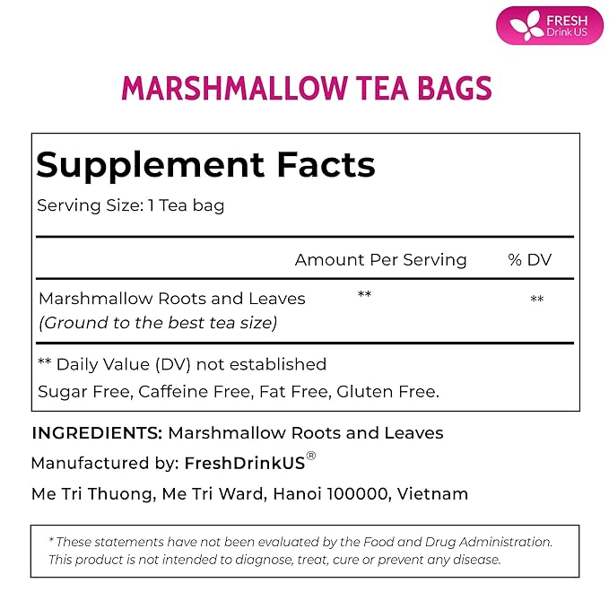 FreshDrinkUS, Premium 75 Marshmallow Root and Leaf Tea Bags, 100% Natural & Pure. Loose Leaf Marshmallow Herbal Tea. Made with Eco-Conscious Tea Bags. No Sugar, No Caffeine, No Gluten, Vegan. - Bloomnest