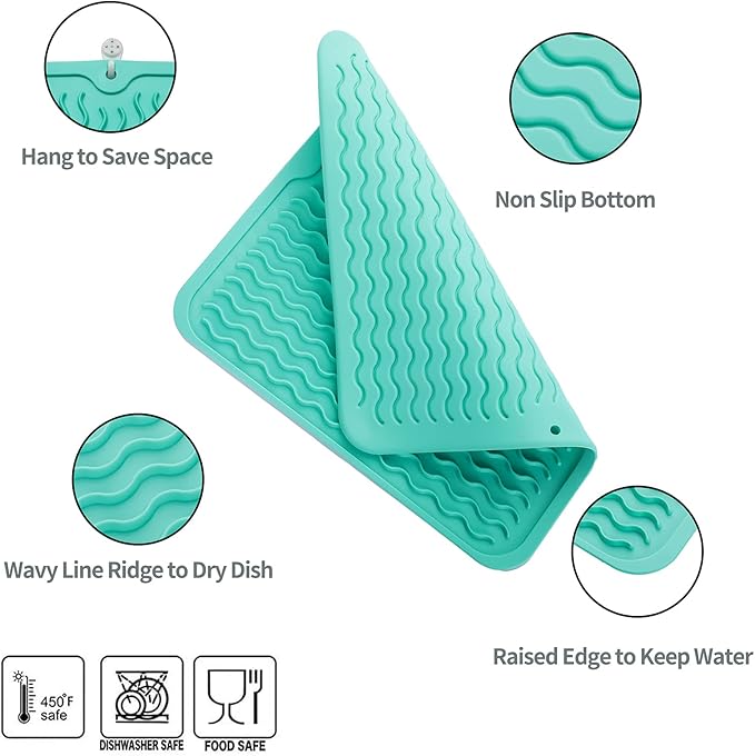 Silicone Dish Drying Mat for Multiple Usage,Easy clean,Eco-friendly,Heat-resistant Silicone Mat for Kitchen Counter or Sink,Refrigerator or Drawer liner Mint M 12 inches x 12 inches - Bloomnest