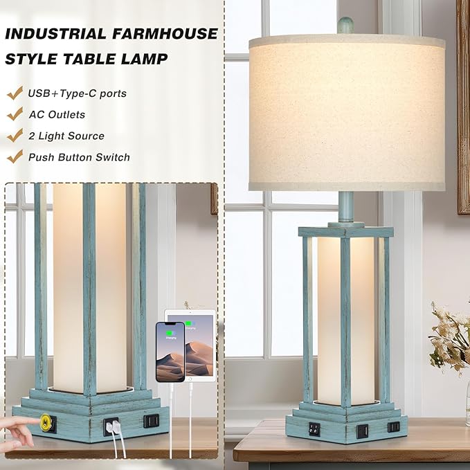27" Tall Vintage Table Lamp Set of 2 with USB C+A & Outlet,Nightstand Lamp for Living Room,Coastal Bedside Lamps with Frosted Glass Night Light for Bedroom Entryway,Blue - Bloomnest