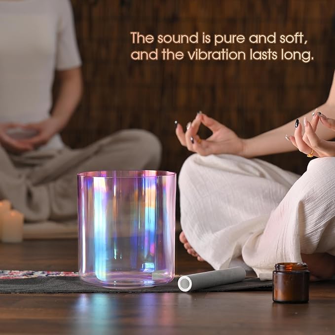 CVNC 440HZ 7 Inch F Note Heart Chakra Pink Purple Color Clear Quartz Crystal Singing Bowl with Carry Case Bag for Sound Healing and Meditation