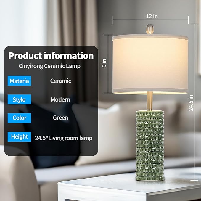 24.5" Green Ceramic Table Lamps Set of 2, Farmhouse Table Lamps for Living Room, Modern Lamps for Bedroom Night Stands, Traditional Nightstand Desk Lamps(LED Bulbs Included) - Bloomnest
