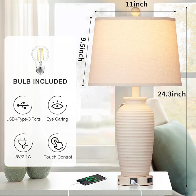 24.3" Farmhouse Jar Table Lamps Set of 2, 3 Way Touch Control Rustic Bedside Lamps with USB A+C Ports & AC Outlet, Pot Nightstand Lamps for Bedroom Living Room (LED Bulbs Included) - Bloomnest
