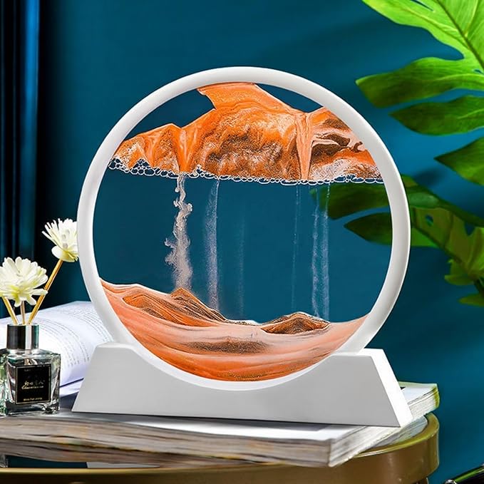 BGFJYUK Moving Sand Art Picture in Motion, Round Glass 3D Deep Sea Sandscapes with Display Flowing Sand Frame for Relaxing Desktop Home Office Work Décor for Kids Adults (White Frame Orange,12inch) - Bloomnest