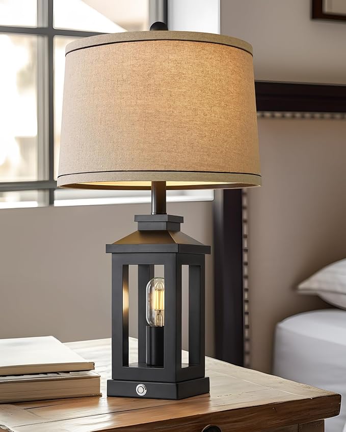 23.75" Retro Farmhouse Black Table Lamp for Living Room Bedroom Nightstand Single Pack Touch Control Bedside Nightlight Vintage Modern Lamp with USB C+A Ports and 2 Light Sources - Bloomnest