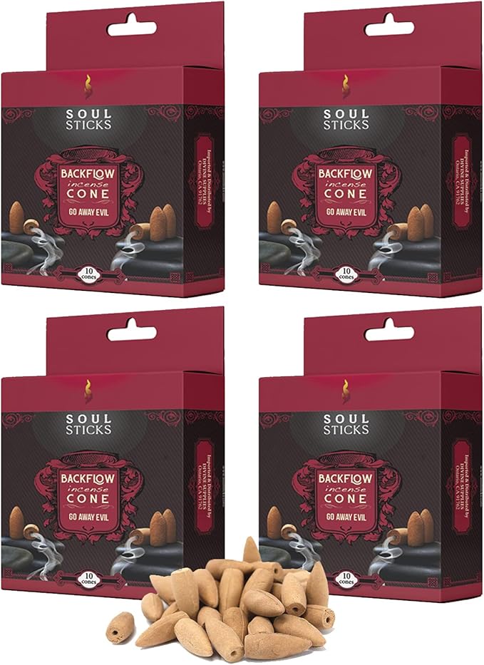 Soul Sticks Backflow Incense Cones – 40 Handmade Organic Cones for Waterfall Burner | 4 Pack Long Lasting Aromatic Scents | Thick White Smoke Incense for Meditation, Yoga & Gifts (Go Away Evil) SoulSticks