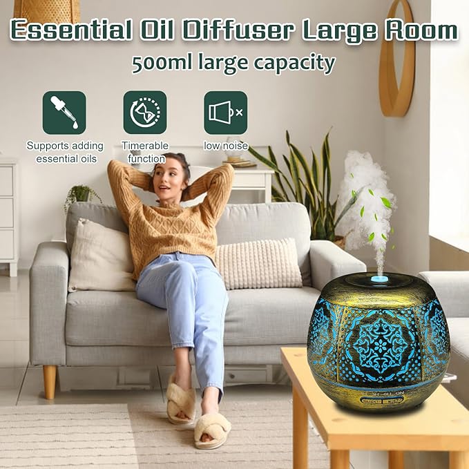 Essential Oil Diffuser for Home 500ML, Aromatherapy Diffusers for Essential Oils Large Room with Cool Mist Humidifiers for Bedroom 7 Colors Changed & 3 Mist Mode Automatic Shut-Off - Bloomnest