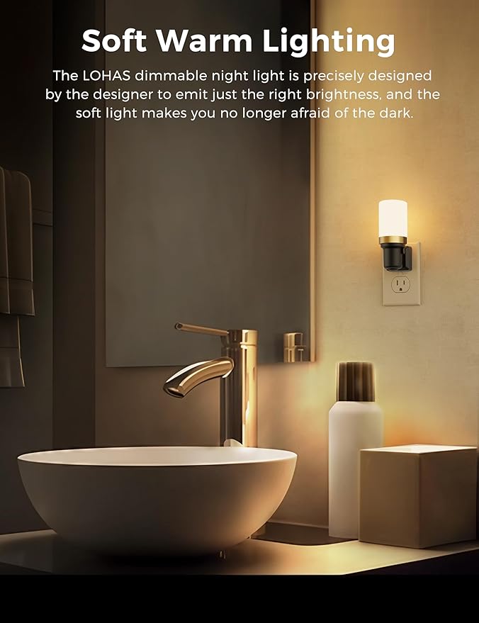 L LOHAS LED Night Lights Plug into Wall, Dimmable Night Light with Auto On/Off Sensor, 3000K Warm White, 0-100LM Adjustable Brightness, Ideal for Bathroom Night Light, 2 Pack - Bloomnest
