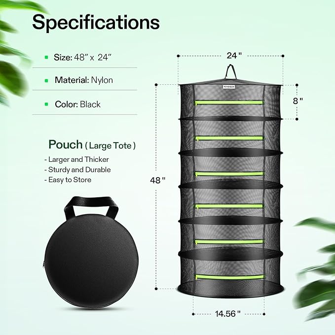 VIVOSUN 6-Layer Mesh Drying Rack Hanging Design with Green Zippers for Dehydrating, Indoor and Outdoor Pruning Shears Included - Bloomnest