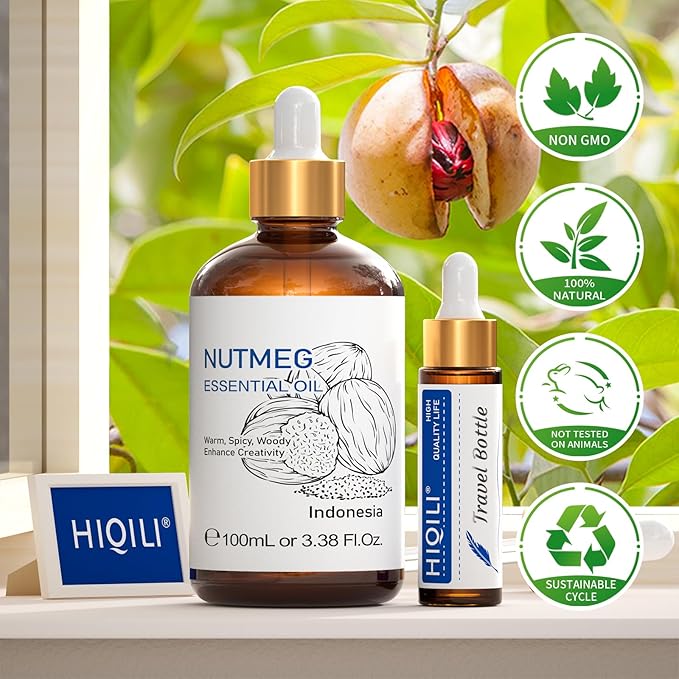 HIQILI Nutmeg Essential Oil 3.38 Fl Oz, Pure Natural Nutmeg Oil for Aromatherapy, Diffuser - 100ml - Bloomnest