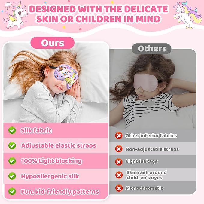 2 Pcs Sleep Mask for Kids Girls, Silk Eye Covers for Sleeping, Adjustable Strap & Light Blocking Design, Children's Bedtime Blindfold for Travel and Home Use (Rainbow Unicorn) - Bloomnest