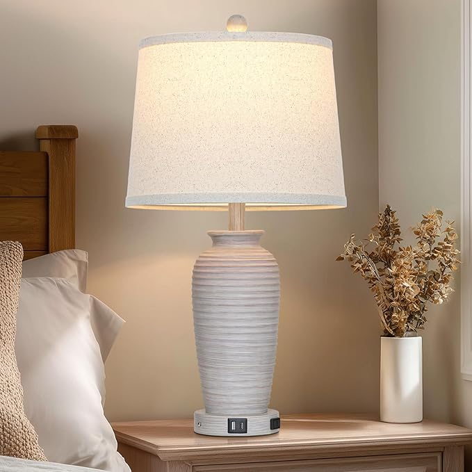 25" Vintage Farmhouse Jar Table Lamps, Single Rustic Bedside Lamp with USB A+C Ports & AC Outlet, Nightstand Lamps for Living Room, Bedroom, End Table, Grey White(LED Bulb Included) - Bloomnest