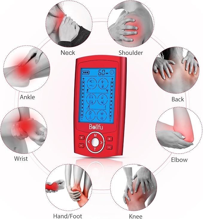 Belifu Dual Channel TENS EMS Unit 24 Modes Muscle Stimulator for Pain Relief Therapy, Electronic Pulse Massager Muscle Massager with 10 Pads, Dust-Proof Drawstring Storage Bag, Fastening Cable Ties Belifu