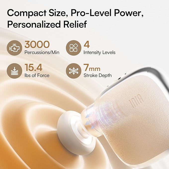INIA PocketForce Mini Massage Gun - 75% Smaller, High-Power Percussion for Full Body Relief, Portable Deep Tissue Massager Gun with Leather Case & 3 Heads for Travel & Office Use, Gifts for Men Women - Bloomnest