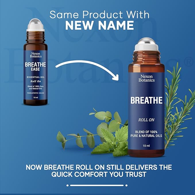 Breathe Essential Oil Roll-On Blend 10 ml - Pure Eucalyptus, Peppermint & Rosemary Oils Roller for Clear Breathing & Respiratory Support - Nexon Botanics - Bloomnest