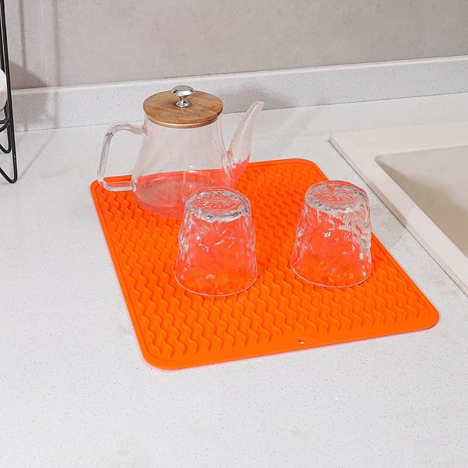 Silicone Dish Drying Mat for Multiple Usage,Easy clean,Eco-friendly,Heat-resistant Silicone Mat for Kitchen Counter or Sink,Refrigerator or drawer liner Orange L 16 inches x 12 inches - Bloomnest